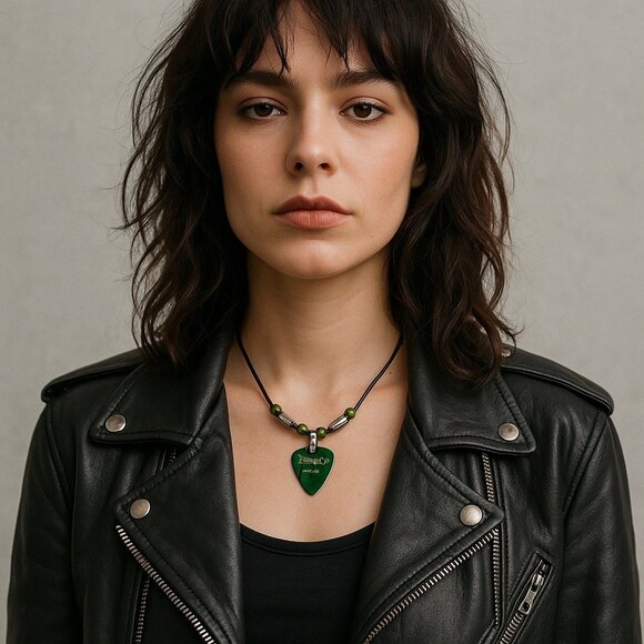 Handmade Fender Guitar Pick Necklace – Green Medium Pick with Beads on Black Cor - Picture 4 of 4